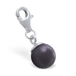 Silver Created South Sea Black Pearl Charm With Crab Lock