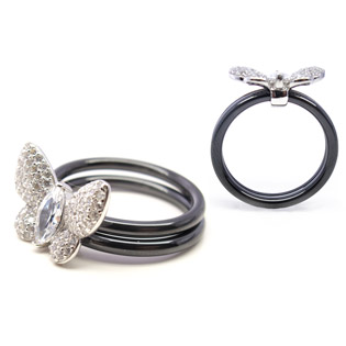 Black Ceramic with Sterling Silver And Diamond CZ Butterfly