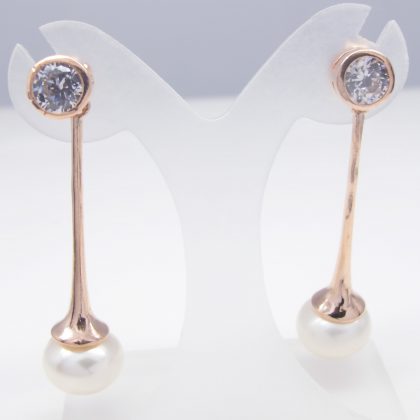 Sterling Silver Pearl, Cubic zirconia Earrings