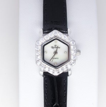 Sterling Silver Leather, Mother of pearl,Cubic zirconia Watch